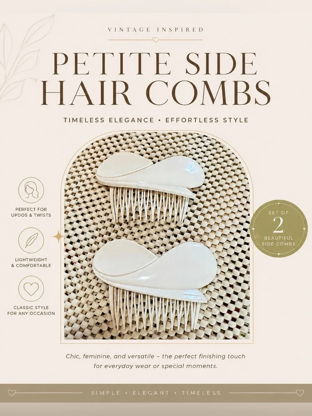 Vintage White Plastic Hair Side Combs Set of 2 Classic French Twist Updo Hair